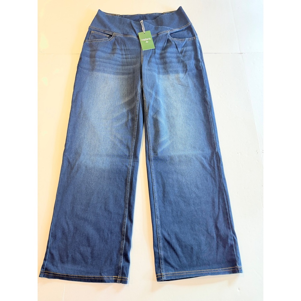 Halara Women Blue Wide Leg Crossover High Waisted Denim Pants Petite Large NWT